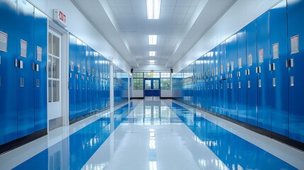 Fototapeta premium School lobby with blue colored lockers, bright white ceiling. Generative AI.