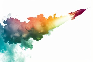 Fototapeta premium Minimal Vibrant Rocket Launch Illustration with Colorful Smoke Trails Ideal for Futuristic and Creative Designs