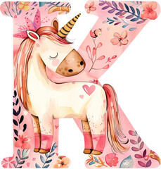 Watercolor letter K with Cute pink unicorn on white background