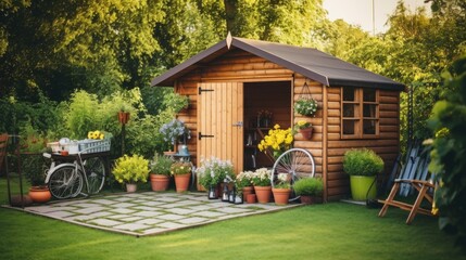 A small beautiful wooden hut for storing garden tools in the backyard.