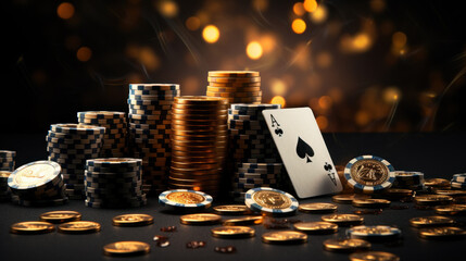 Casino game poker gambling stack of chips on luxury background. Elegant style banner for online casinos and mobile gambling applications, poker - winner, wealth concept. Generative AI