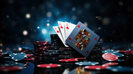 Casino game poker gambling stack of chips on luxury background. Elegant style banner for online casinos and mobile gambling applications, poker - winner, wealth concept. Generative AI