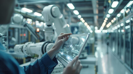 Obraz premium Blurred out future driven factory with robot arms working in the background, foreground a transparent tablet hold by a worker. Generative AI.