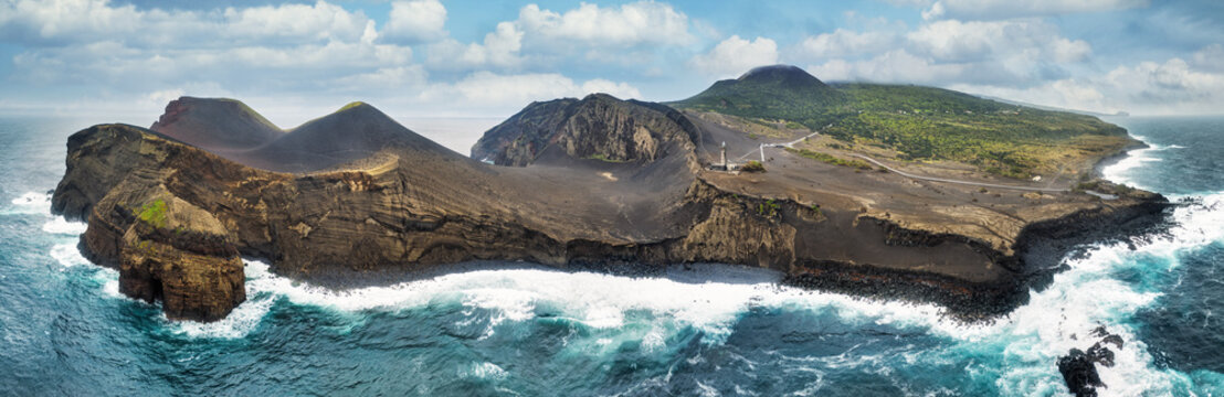 Volcano dos Capelinhos on the island Faial from drone, Panoramic view, Azores