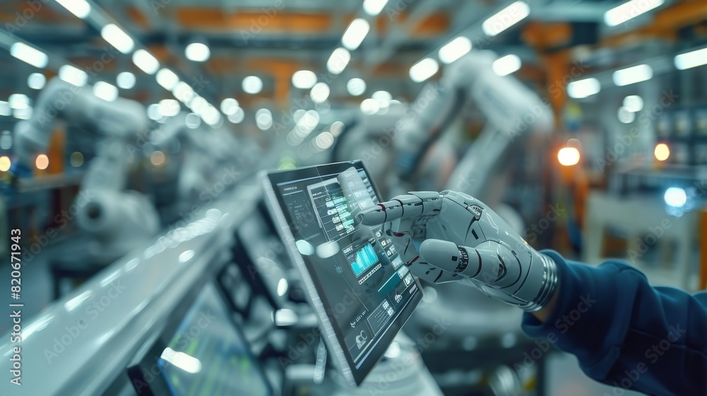 Poster Blurred out future driven factory with robot arms working in the background, foreground a transparent tablet hold by a worker. Generative AI.