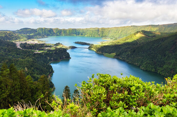 Azores - volcanic blus lake Sete Cidades, green landscape in Portugal, San Miguel