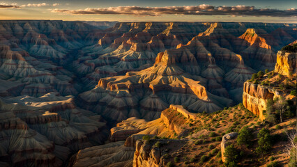 sunset in the mountains,The sun sets over the vast and stunning Grand Canyon, casting a warm orange...