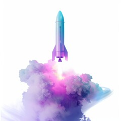Obraz premium Minimal Vibrant Rocket Launch Illustration with Colorful Smoke Trails Ideal for Futuristic and Creative Designs