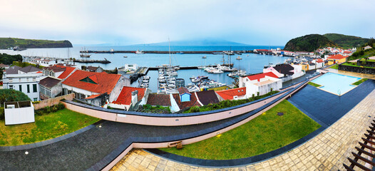 Panorama of city Horta with port, Faial island, Azores
