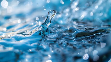 Close-up of sparkling water droplets illuminated by sunset, creating a magical bokeh effect on a tranquil blue surface.