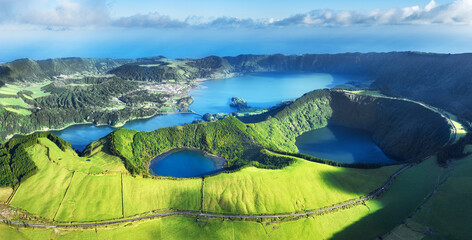 Landscape Panorama drone picture from Volcano to the rainforest with lake and wood, Azores, San...