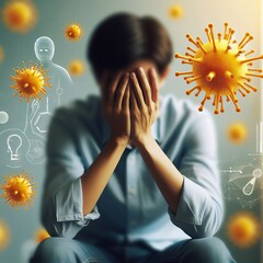 Conceptual image of a person surrounded by virus symbols, depicting stress and mental impact during a health crisis.. AI Generation