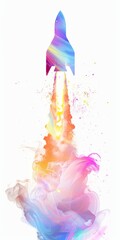 Obraz premium Minimal Vibrant Rocket Launch Illustration with Colorful Smoke Trails Ideal for Futuristic and Creative Designs