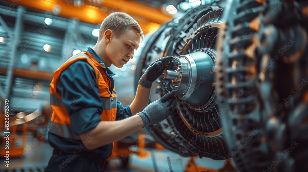 Poster A mechanic doing engine inspection on the plane. Generative AI.