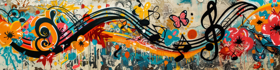 Naklejka premium Graffiti Wall with Musical Notes and Colorful Urban Art