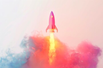 Obraz premium Minimal Vibrant Rocket Launch Illustration with Colorful Smoke Trails Ideal for Futuristic and Creative Designs