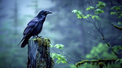 Obraz premium Against the backdrop of a desolate graveyard a crow perches atop a weathered tombstone