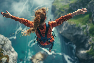 Bungie jumping. The girl overcomes her fear and jumps from a great height to the bottom. Extreme sport