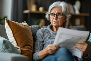 Senior woman paying bills online at home, mature lady reading paper bill thoughtfully