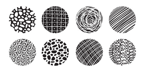 Set of round Abstract black Backgrounds or Patterns. Hand drawn doodle shapes. Spots, drops, curves, Lines. Contemporary modern trendy Vector illustration. Posters, Social media Icons templates