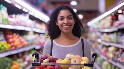 Obraz premium A woman with curly hair is happily shopping in a supermarket aisle, smiling and carrying a basket full of fresh produce. She is making healthy choices and enjoying her shopping trip
