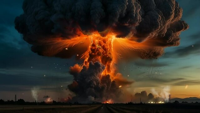 Witness a realistic nuclear explosion scene, portraying a massive mushroom-shaped blast. Nuclear bomb explosion effect video animation