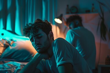 Fototapeta premium Depressed gay man sitting with closed eyes near boyfriend in bedroom at night, horizontal banner