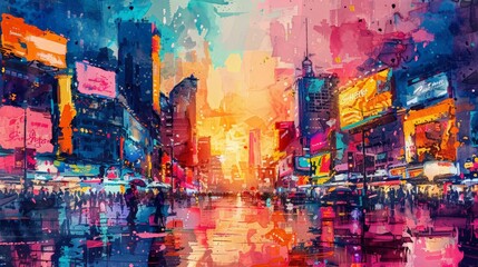 Obraz premium A lively and colorful watercolor painting in Fauvism style showcasing Bangkok s Siam Square area at sunset The painting features exaggerated colors and dynamic brushstrokes capturi
