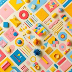 AI Generate of Background texture of Fashion Papers in Memphis Geometry Style. Yellow, blue, light blue, red and pastel pink colors. Top view, flat lay.