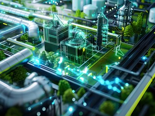 Obraz premium A dramatic view of an Environmental Health and Safety Specialist overseeing a seamless integration of safety measures in an Industry 5.0 smart factory. 3D, Printing, Illustrat, AI.