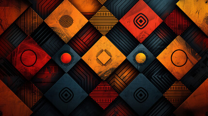 Motif géométrique de type égyptien ou tribal avec du noir et des couleurs vives, losanges et carrés en tons terriens, points et traits, papier peint
