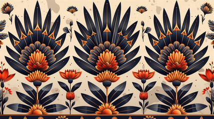 Motif géométrique de type byzantin ou romain représentant un décors floral avec du blanc, du bleu et du orange, fresque antique avec feuilles et fleurs pour papier peint ou décoration graphique