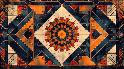Motif géométrique de type byzantin ou romain avec du blanc, du bleu et du orange, fresque antique de type mosaïque avec rosace, soleil et traits, carrelage de thermes