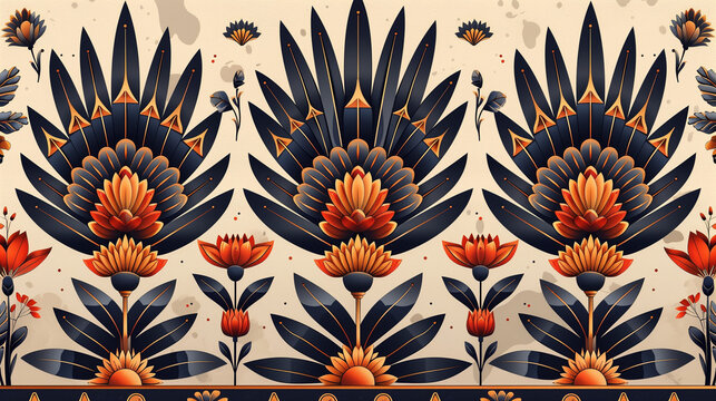 Motif g&eacute;om&eacute;trique de type byzantin ou romain repr&eacute;sentant un d&eacute;cors floral avec du blanc, du bleu et du orange, fresque antique avec feuilles et fleurs pour papier peint ou d&eacute;coration graphique