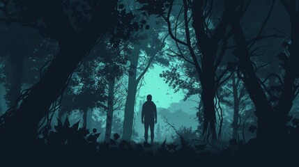 Fototapeta premium a silhouette of a man in a forest at night, ominous atmosphere, in the style of dark navy and light cyan