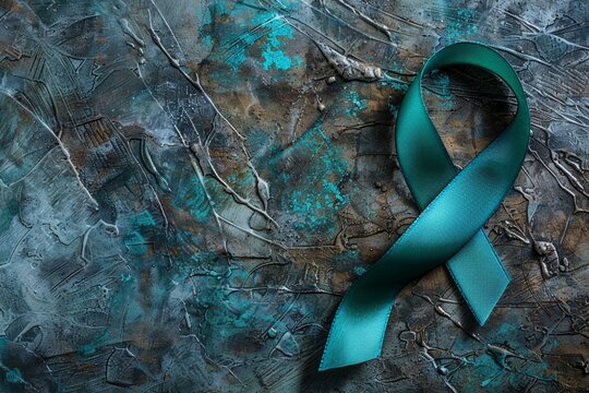Teal awareness ribbon awareness for Ovarian Cancer month, cervical cancer, Polycystic Ovary Syndrome (PCOS) disease, Post Traumatic Stress Disorder (PTSD), Obsessive Compulsive Disorder (OCD)