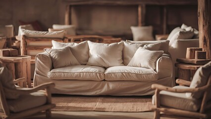 Rustic living room background with cozy sofa, soft lighting, and wooden accents. Generative AI.