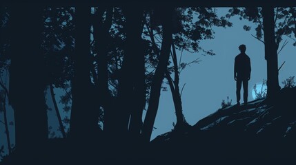 a silhouette of a man in a forest at night, ominous atmosphere, in the style of dark navy and light cyan