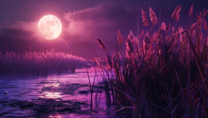 A purple moonlight shining on tall grass near the water