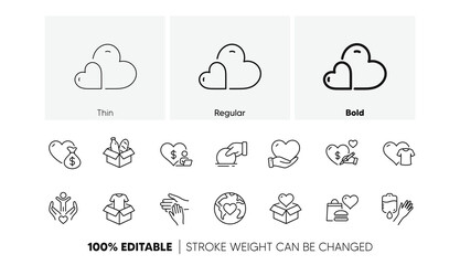 Obraz premium Volunteer help, Global hunger, Food box. Donate and Charity line icons. Helping hand, Heart donate and Care service line icons. Donation or Blood collection, Money charity and Food care. Vector