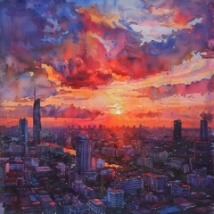 Obraz premium A watercolor cityscape of Bangkok showing the view from a high vantage point during sunset in Fauvism style The scene is dominated by vivid reds