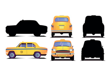 Kolkata yellow taxi. front side and back of an Indian yellow color taxi with silhouette