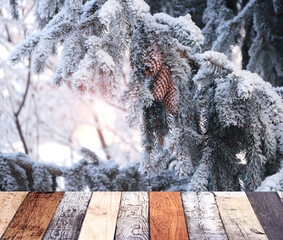 Christmas background. Blank wooden table top on sunny winter forest backdrop. Wood terrace flooring and branch of pine with pinecones covered with frost. Holiday xmas banner with branches of fir tree