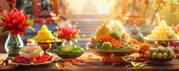 Colorful Vesak Food Offerings Displayed with Traditional Dishes