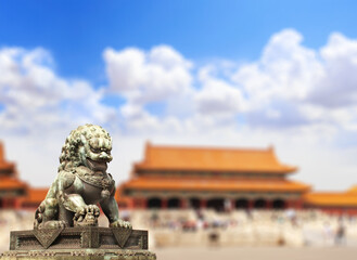 Horizontal background with ancient pavilions and lion statue in Forbidden City. Bronze chinese guardian lion, Beijing, China