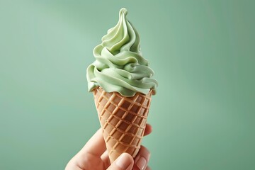 Matcha green tea soft serve ice-cream in waffle cone which is holded on person hand. Ready to eating sweet food