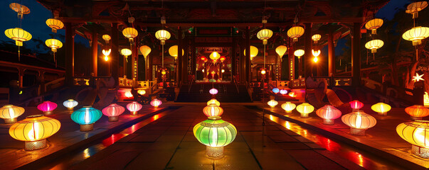 Temple Pathway Glowing with Vesak Lanterns During Night Celebration