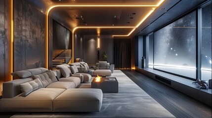 Fototapeta premium Home theater, large projector screen, layout with two rows of sofa in the front and back, leather inline sofa in the front, leather theater sofa in the back, soft light. Generative AI.