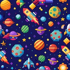 Seamless pattern of pixelated space scenes with stars, planets, and spaceships, perfect for wrapping gifts for astronomy enthusiasts, Generative AI