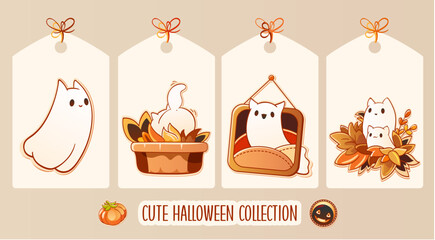 Calm autumn season. Set of cute Halloween tag in retro style with kitty ghosts. Collection of vintage label with tiny cat-shaped ghost and autumn leaves. Vector illustration EPS8